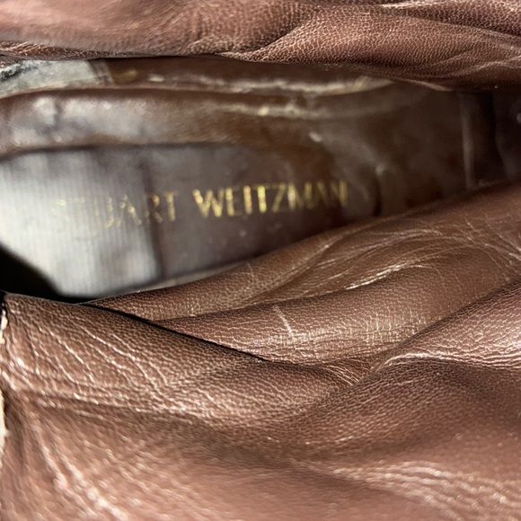 STUART WEITZMAN leather combat boots, brown, brass buckle/straps, lug sole. 7 - Picture 14 of 17
